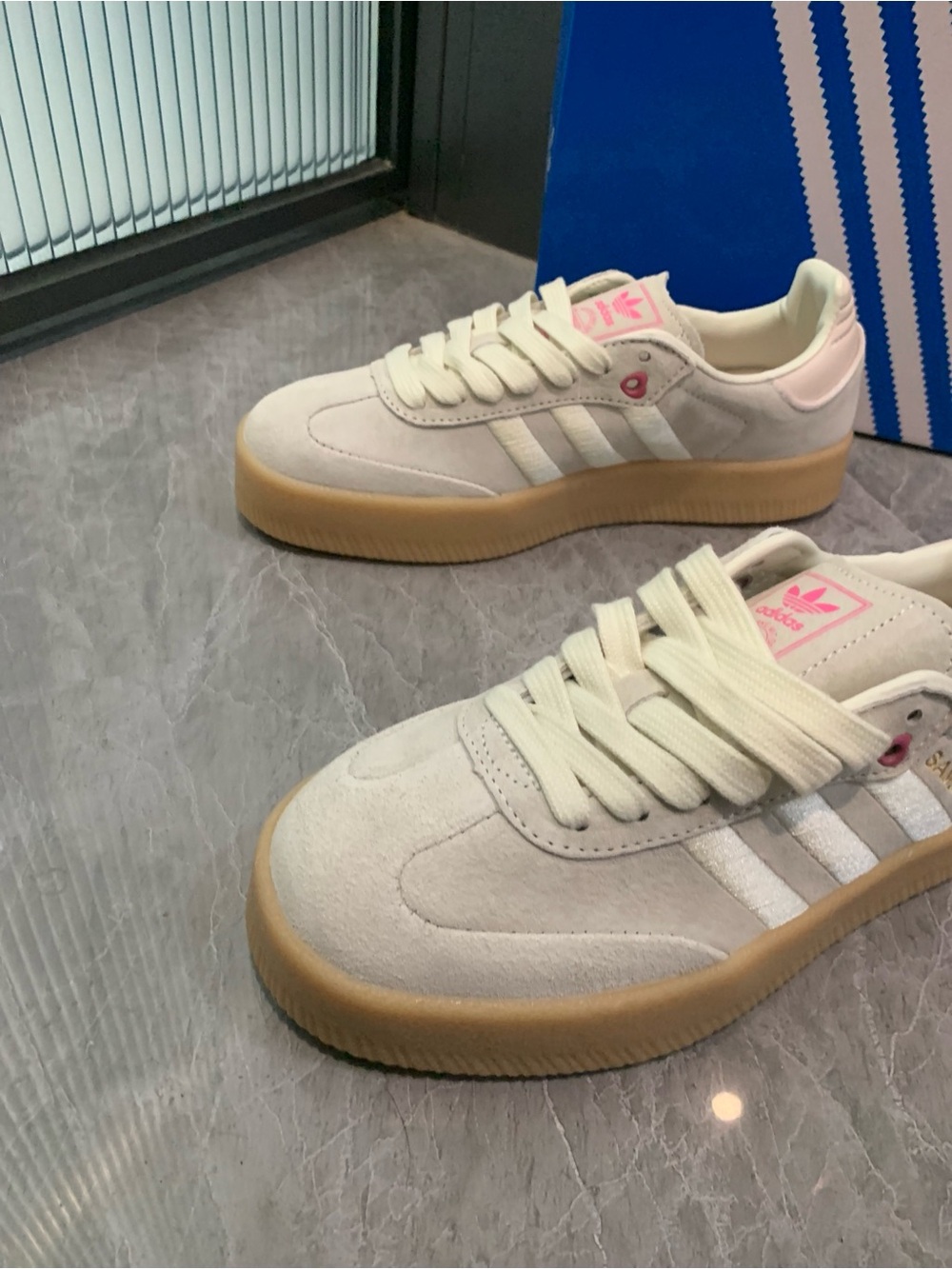 adidas Samba Cream Suede Sneakers with Pink Accents and Gum Sole - Picture 2 of 5